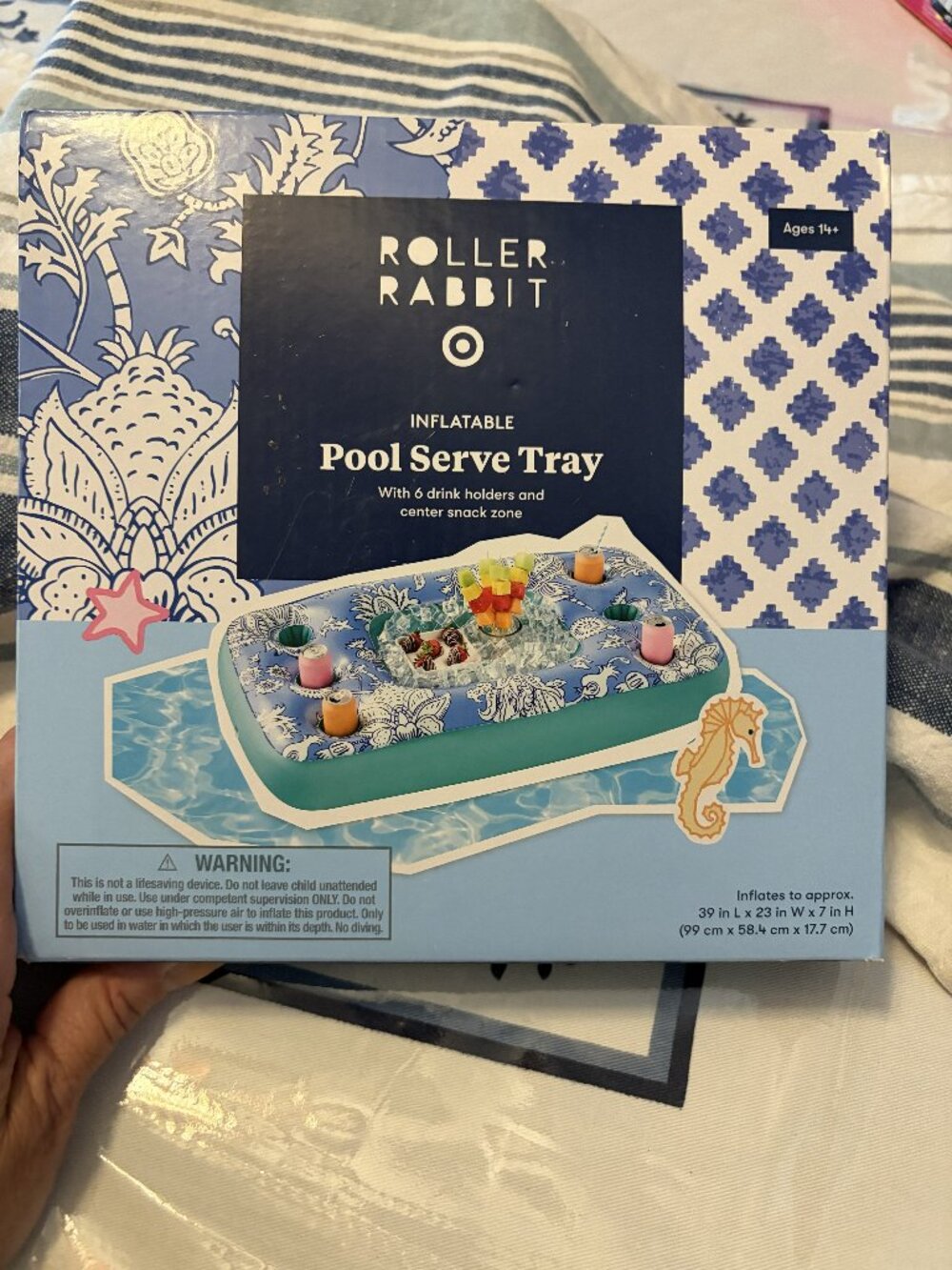 Roller Rabbit X Target Inflatable Pool Serve Tray Blue Floating Drink Holder New